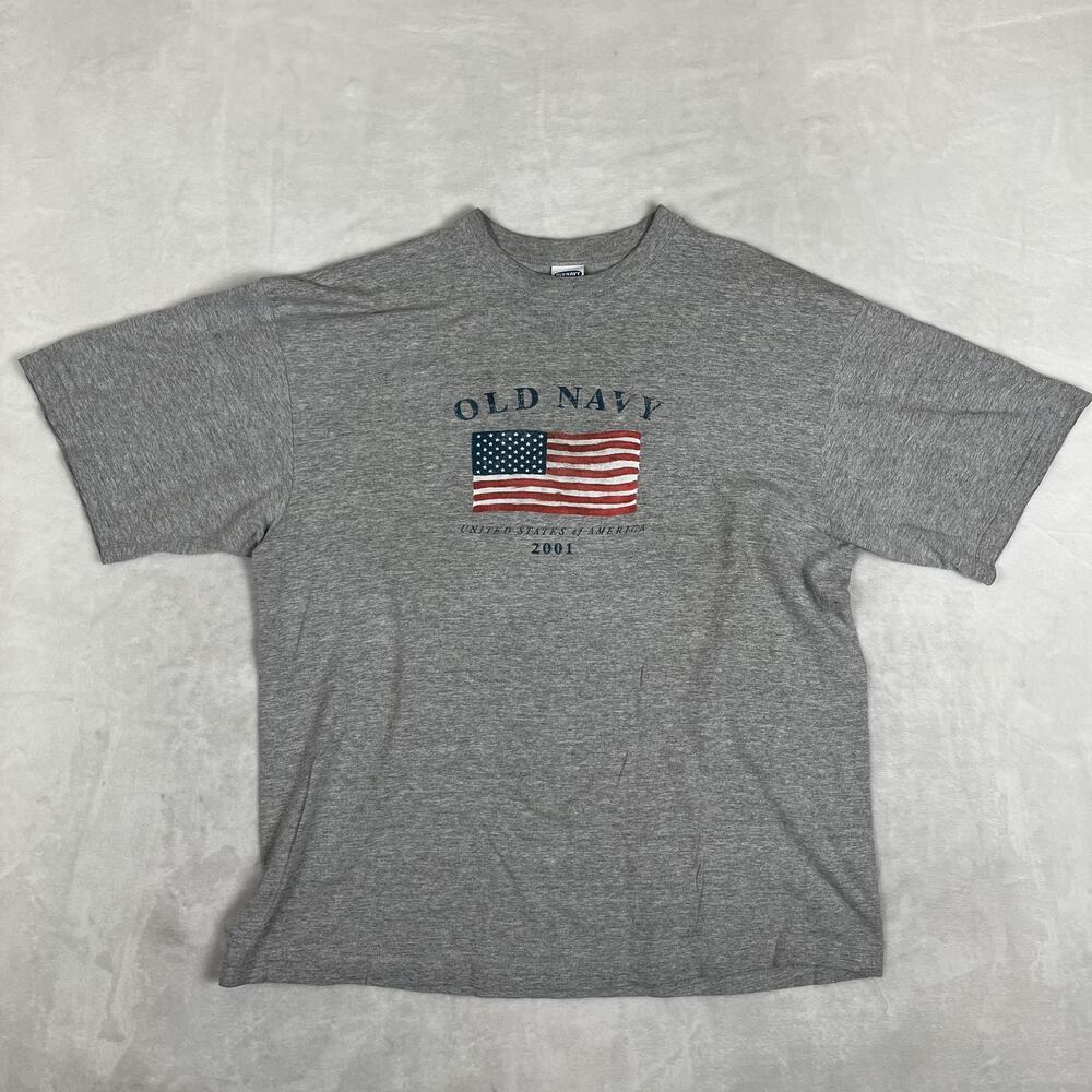 Vintage Old Navy T-Shirt Mens 2XL Gray 2001 American Flag USA Patriotic Tee Y2K